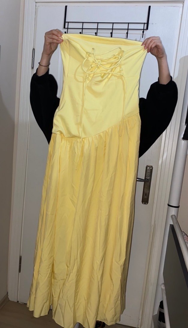 Sarı Drapeli Straplez Uzun Elbise - Görsel 3