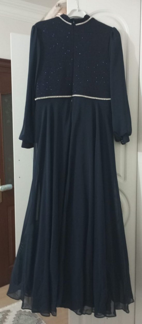 Lacivert Uzun Kollu Drapeli Abiye Elbise - Görsel 2