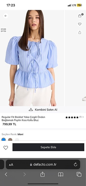 çizgili önden bağlamalı poplin kısa kollu bluz