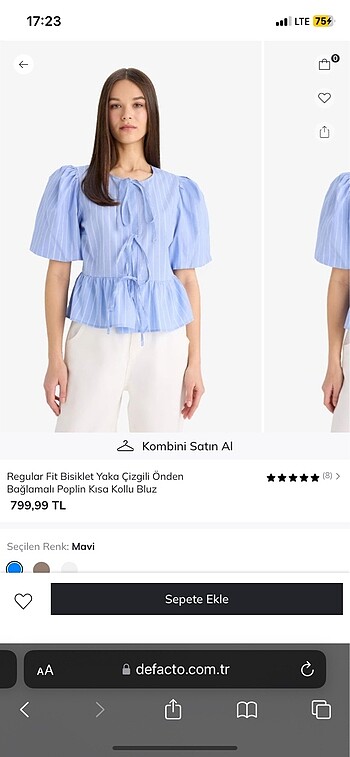 s Beden çizgili önden bağlamalı poplin kısa kollu bluz