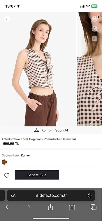 s Beden kahverengi Renk kareli bağlamlı bluz