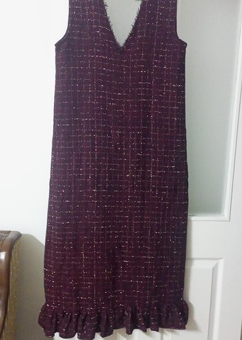 Bordo V Yaka Uzun Örme Kadın Elbise - Görsel 2