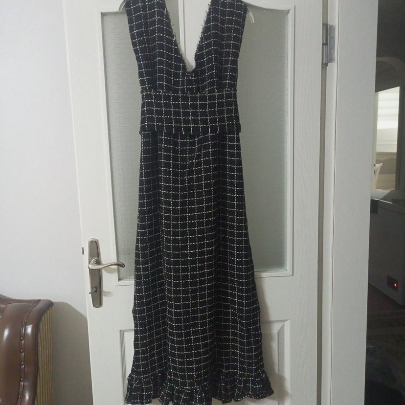 Kadın Siyah Kareli V Yakalı Midi Triko Elbise - Görsel 2