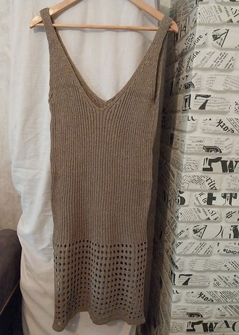 Bej Triko Mini Elbise Uzun Kollu - Görsel 3