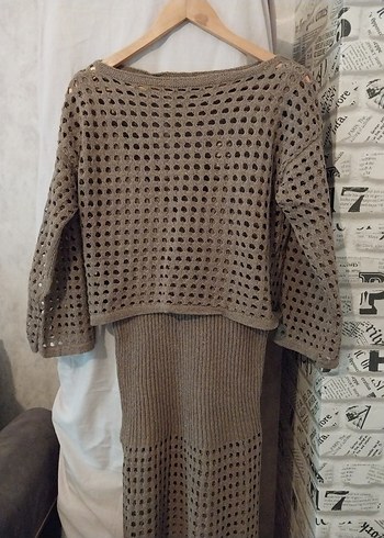 Bej Triko Mini Elbise Uzun Kollu - Görsel 2