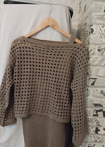 Bej Triko Mini Elbise Uzun Kollu - Görsel 4