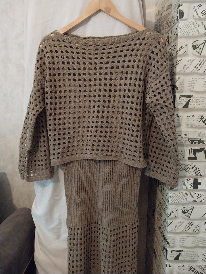 Bej Triko Mini Elbise Uzun Kollu - Görsel 2