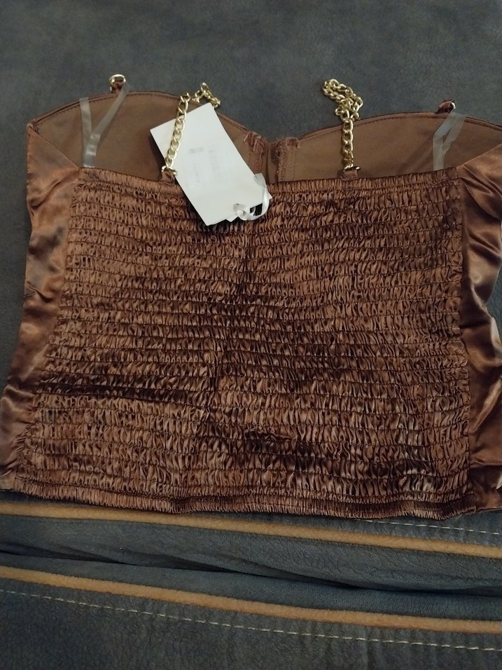 Zincir Detaylı Kahverengi saten  Straplez Büstiyer - Görsel 2