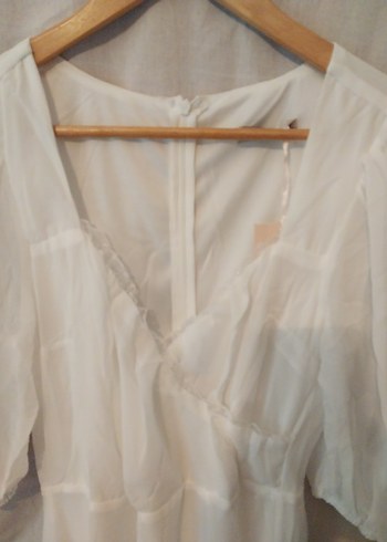 Beyaz drape Yakalı midi boy şifon Elbise - Görsel 5