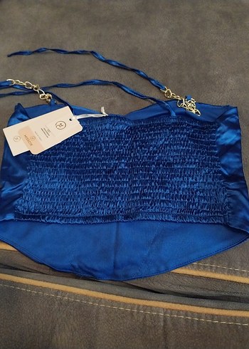 Zincir Detaylı Parlak Mavi Mini Büstiyer - Görsel 2