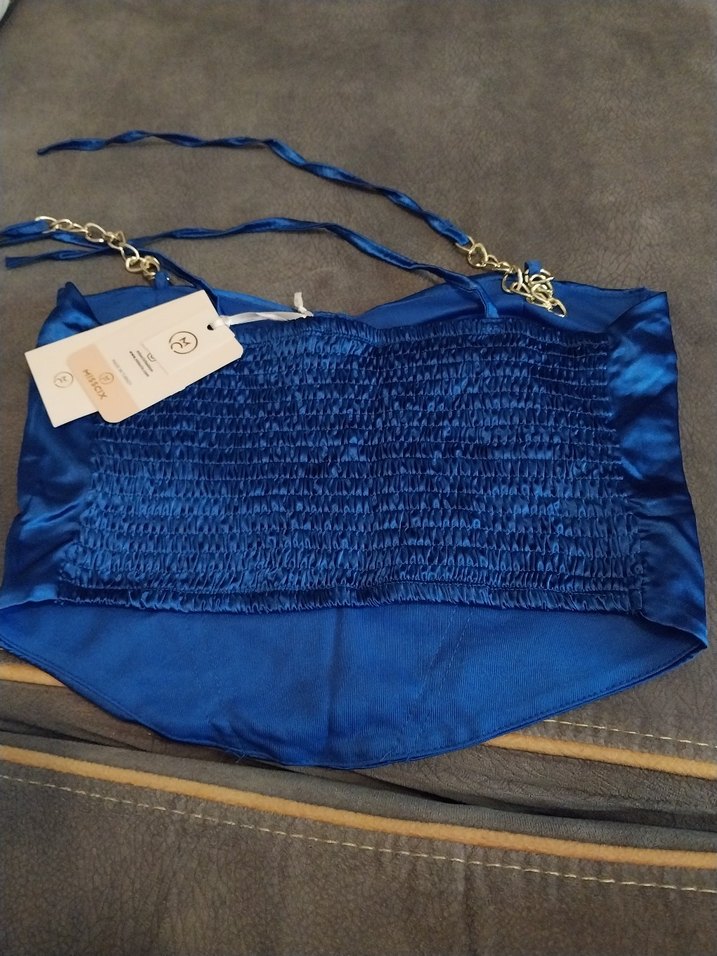 Zincir Detaylı Parlak Mavi Mini Büstiyer - Görsel 2