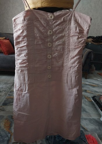 Düğmeli Pudra Pembe Midi Keten Elbise