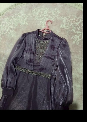 42 Beden Uzun Kollu Mor Vintage Abiye Elbise