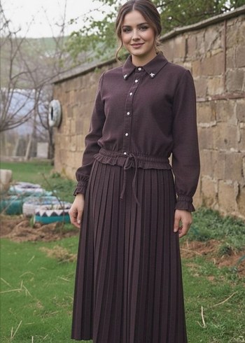 Bordo Uzun Kollu Piliseli Kadın Elbise - Görsel 7