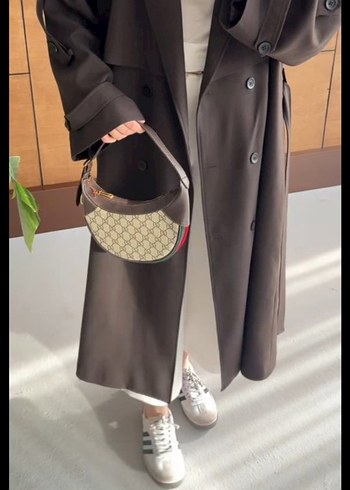 Kahverengi Kemerli Uzun Kadın Trençkot - Görsel 4