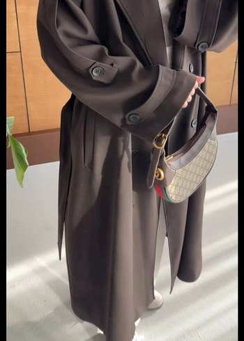 Kahverengi Kemerli Uzun Kadın Trençkot - Görsel 3