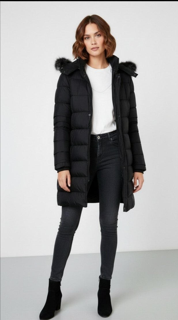 Siyah Kürklü Kapüşonlu Kadın Kış Montu - Görsel 3