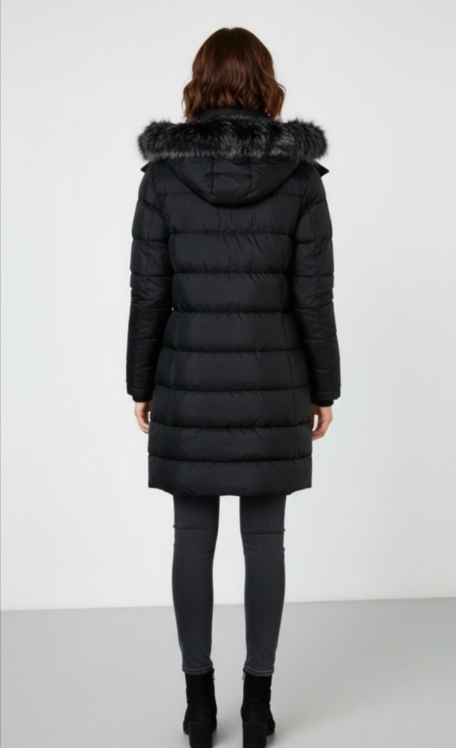 Siyah Kürklü Kapüşonlu Kadın Kış Montu - Görsel 2