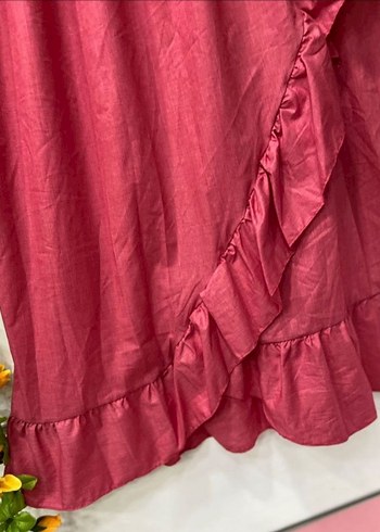 Pembe  Keten Etek Volan Detaylı - Görsel 3