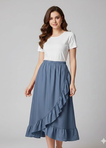 Mavi Bağlama Desenli Uzun Etek - Görsel 4