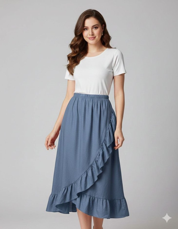 Mavi Bağlama Desenli Uzun Etek - Görsel 4