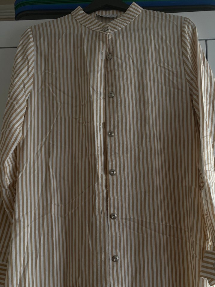 Bej Çizgili Uzun Kollu Kadın Gömlek - Görsel 2