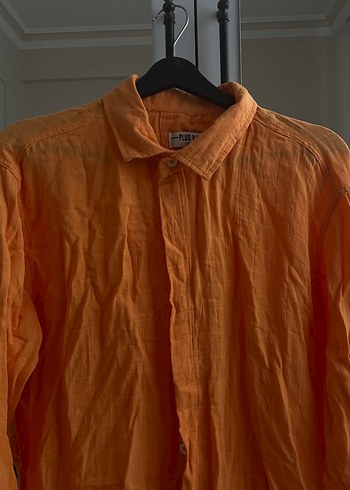 Turuncu Uzun Kollu Keten Gömlek - Görsel 2