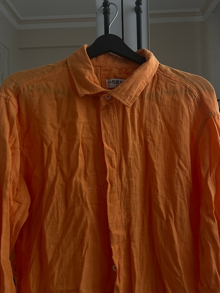 Turuncu Uzun Kollu Keten Gömlek - Görsel 2