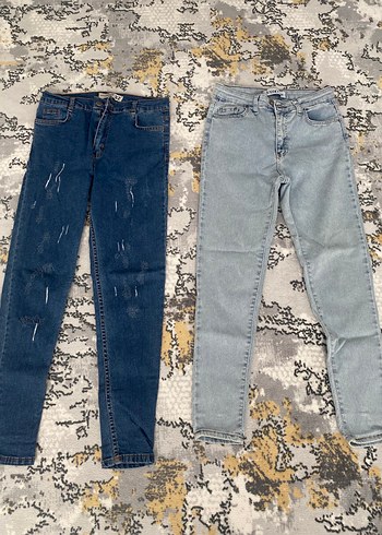 Kadın Mavi ve Gri Batik Desenli Salaş Denim Pantolon
