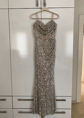 Parlak Gümüş Renkli Drape Detaylı Uzun Abiye Elbise - Görsel 2