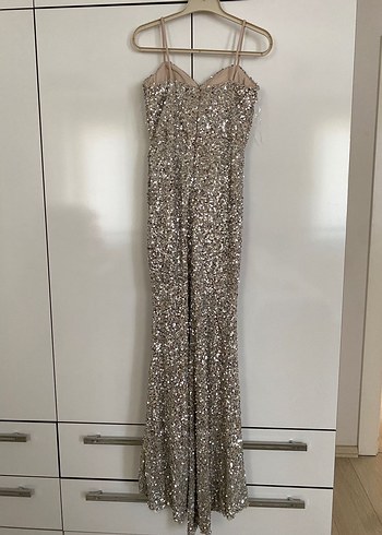 Parlak Gümüş Renkli Drape Detaylı Uzun Abiye Elbise - Görsel 3