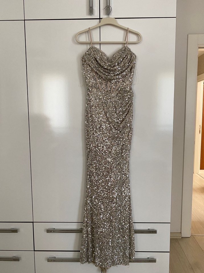 Parlak Gümüş Renkli Drape Detaylı Uzun Abiye Elbise - Görsel 2