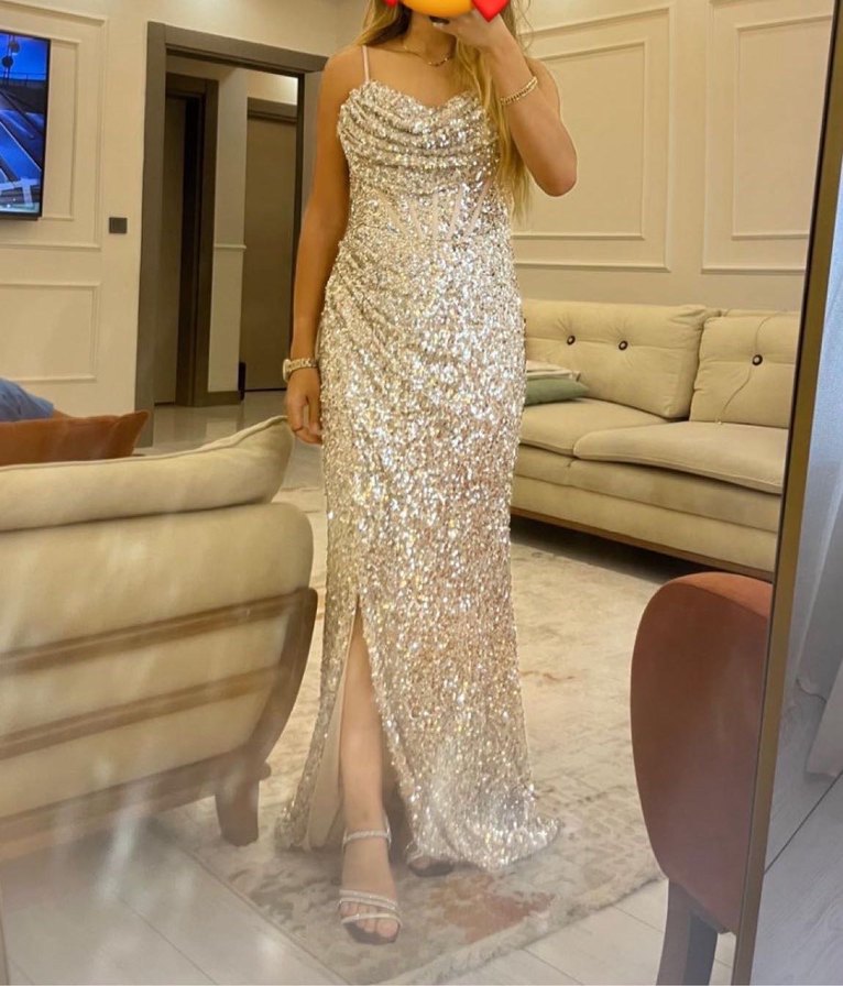 Parlak Gümüş Renkli Drape Detaylı Uzun Abiye Elbise - Görsel 4