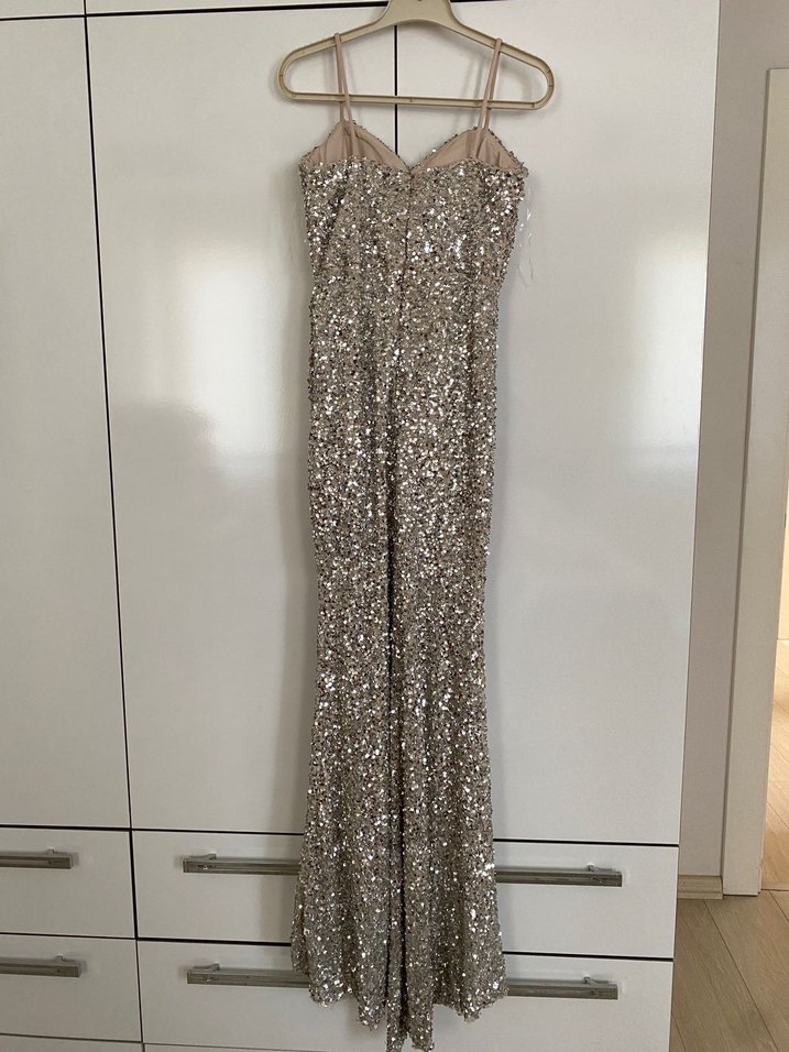 Parlak Gümüş Renkli Drape Detaylı Uzun Abiye Elbise - Görsel 3