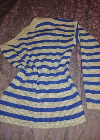 Mavi Gri Çizgili Tek Omuz Kadın Triko Bluz - Görsel 2