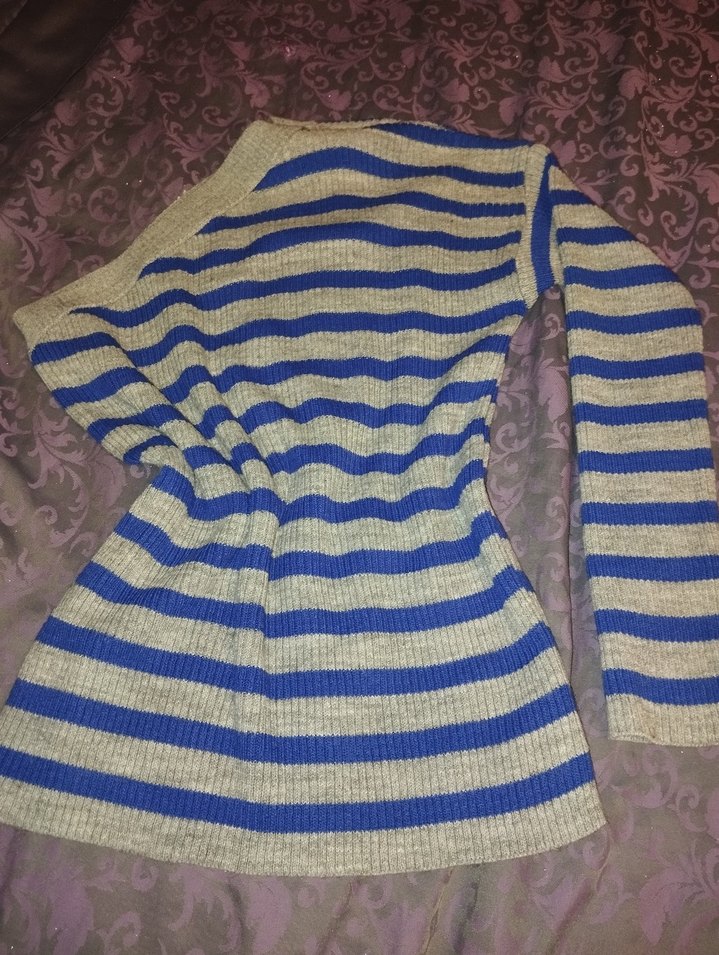 Mavi Gri Çizgili Tek Omuz Kadın Triko Bluz - Görsel 2