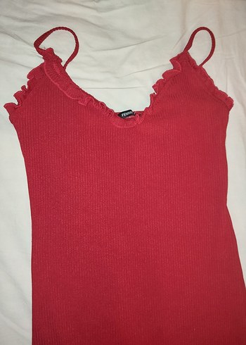 Sade Kırmızı Uzun Drapeli Straplez Elbise - Görsel 3