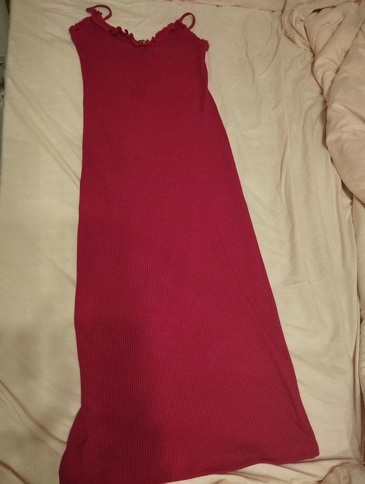 Sade Kırmızı Uzun Drapeli Straplez Elbise - Görsel 2