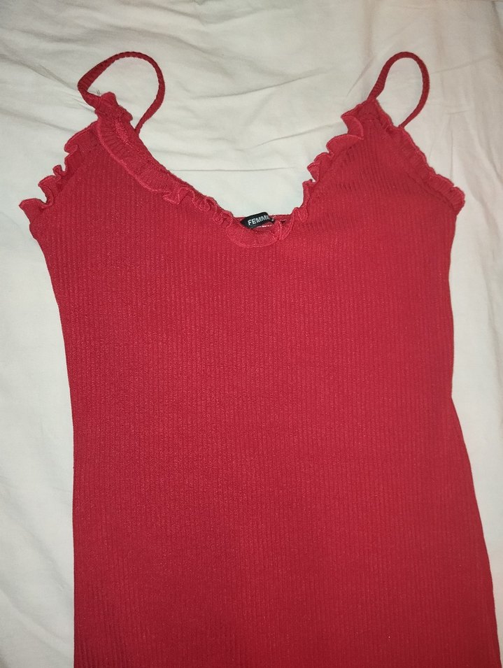 Sade Kırmızı Uzun Drapeli Straplez Elbise - Görsel 3