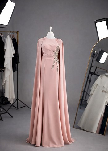 Bej Drapeli zarif sade tesettür Uzun Abiye Elbise - Görsel 3