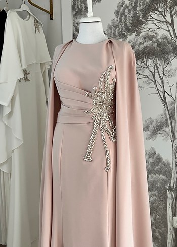 Bej Drapeli zarif sade tesettür Uzun Abiye Elbise - Görsel 4