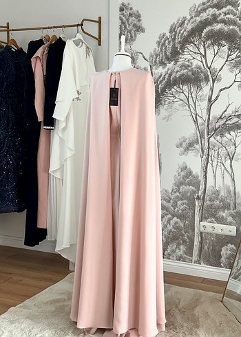 Bej Drapeli zarif sade tesettür Uzun Abiye Elbise - Görsel 5