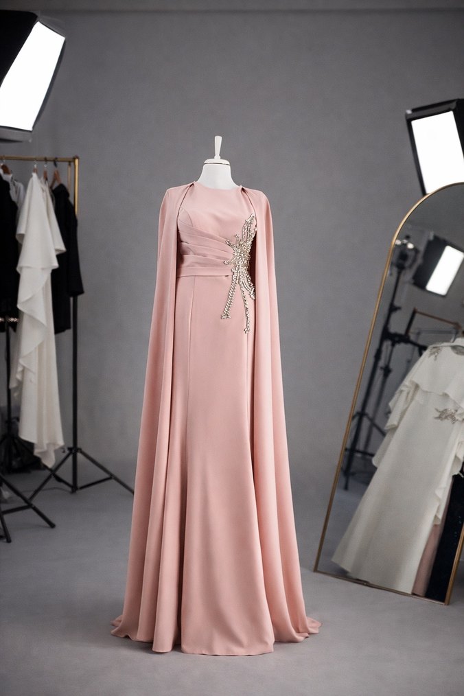 Bej Drapeli zarif sade tesettür Uzun Abiye Elbise - Görsel 3