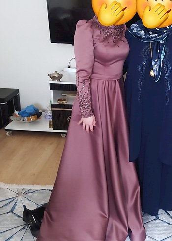 Mor Uzun Kollu Drapeli Abiye Elbise