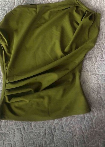 Drapeli Kolsuz Haki Keten Bluz - Görsel 3