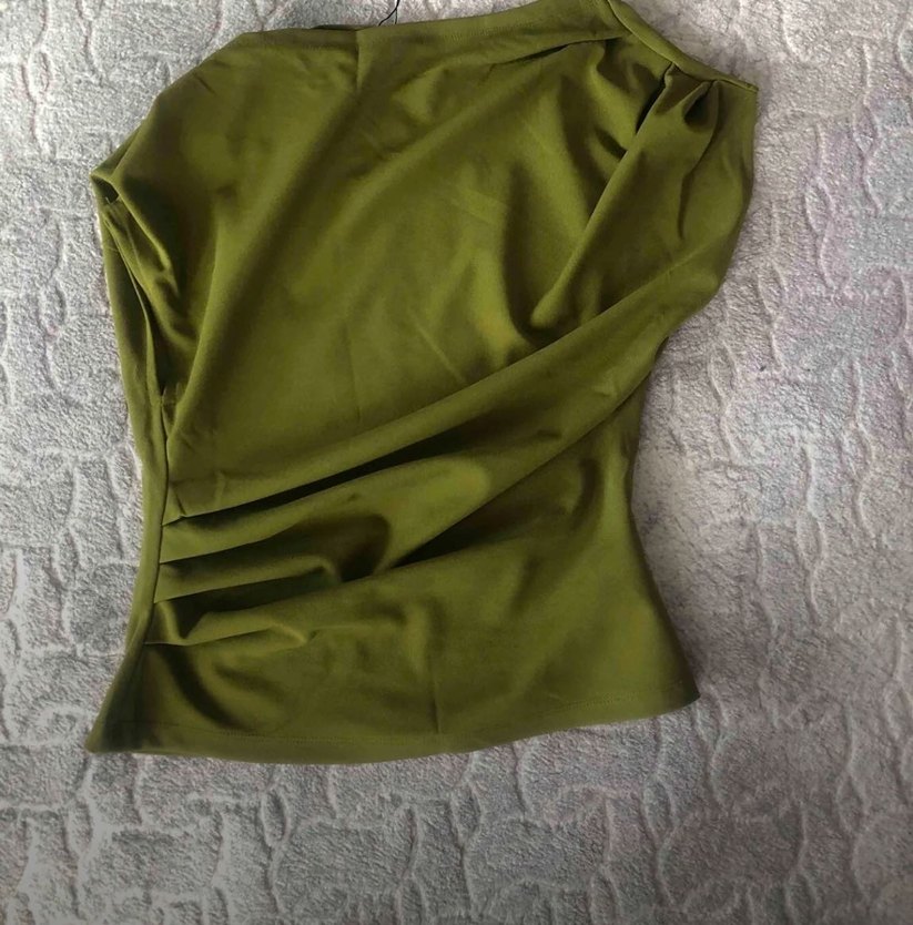 Drapeli Kolsuz Haki Keten Bluz - Görsel 3