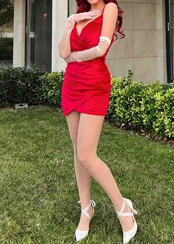 Drapeli Kırmızı Mini Elbise - Görsel 3