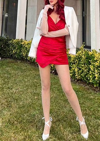 Drapeli Kırmızı Mini Elbise - Görsel 2