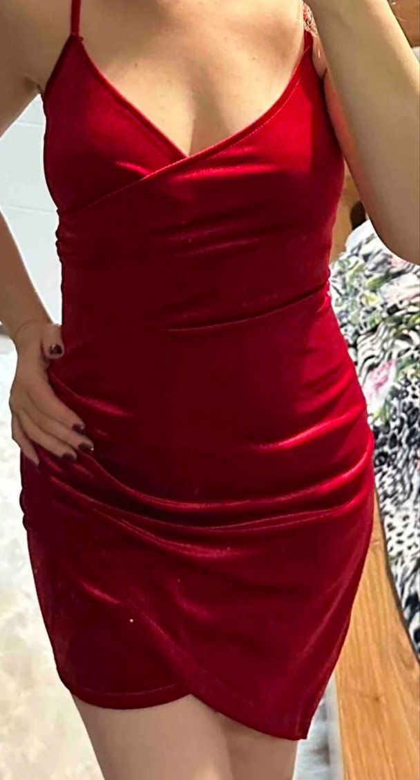 Drapeli Kırmızı Mini Elbise - Görsel 5