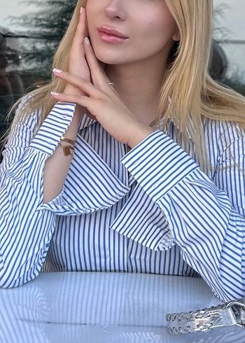 Düğmeli Çizgili Mavi Kadın Gömlek - Görsel 2